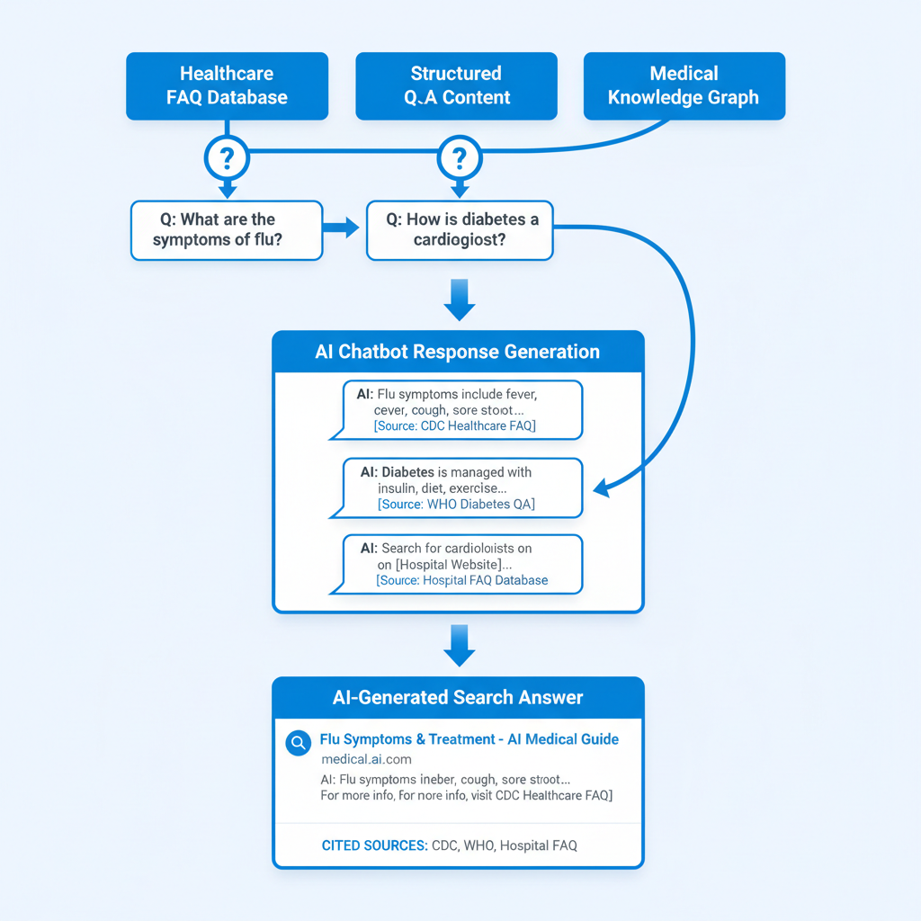 Content structure diagram showing how healthcare FAQ content gets cited in AI-generated search answers