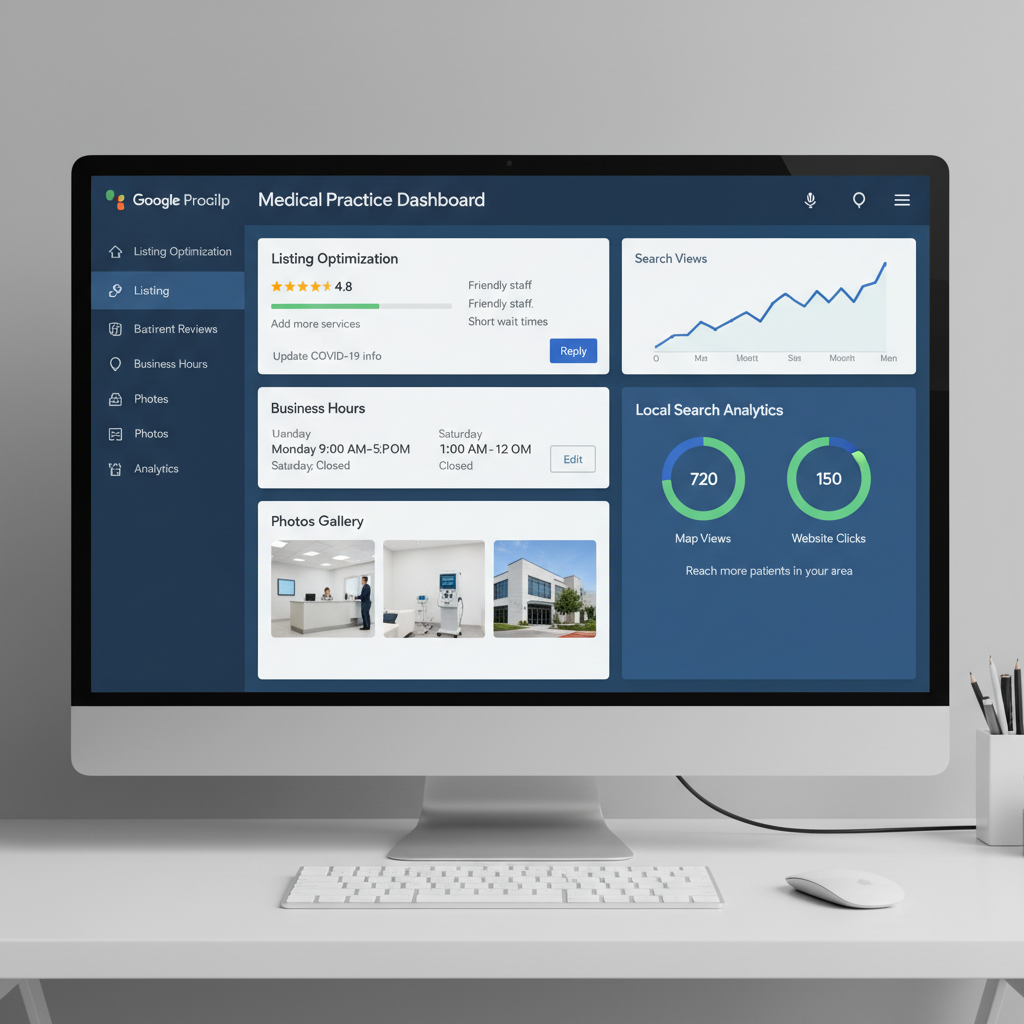 Google Business Profile management dashboard showing healthcare practice listing with reviews, photos, and analytics