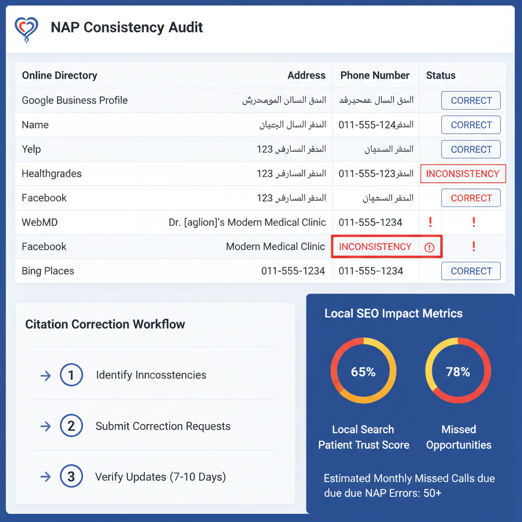 NAP consistency audit dashboard showing healthcare practice name, address, and phone number variations across multiple online directories and citation sources