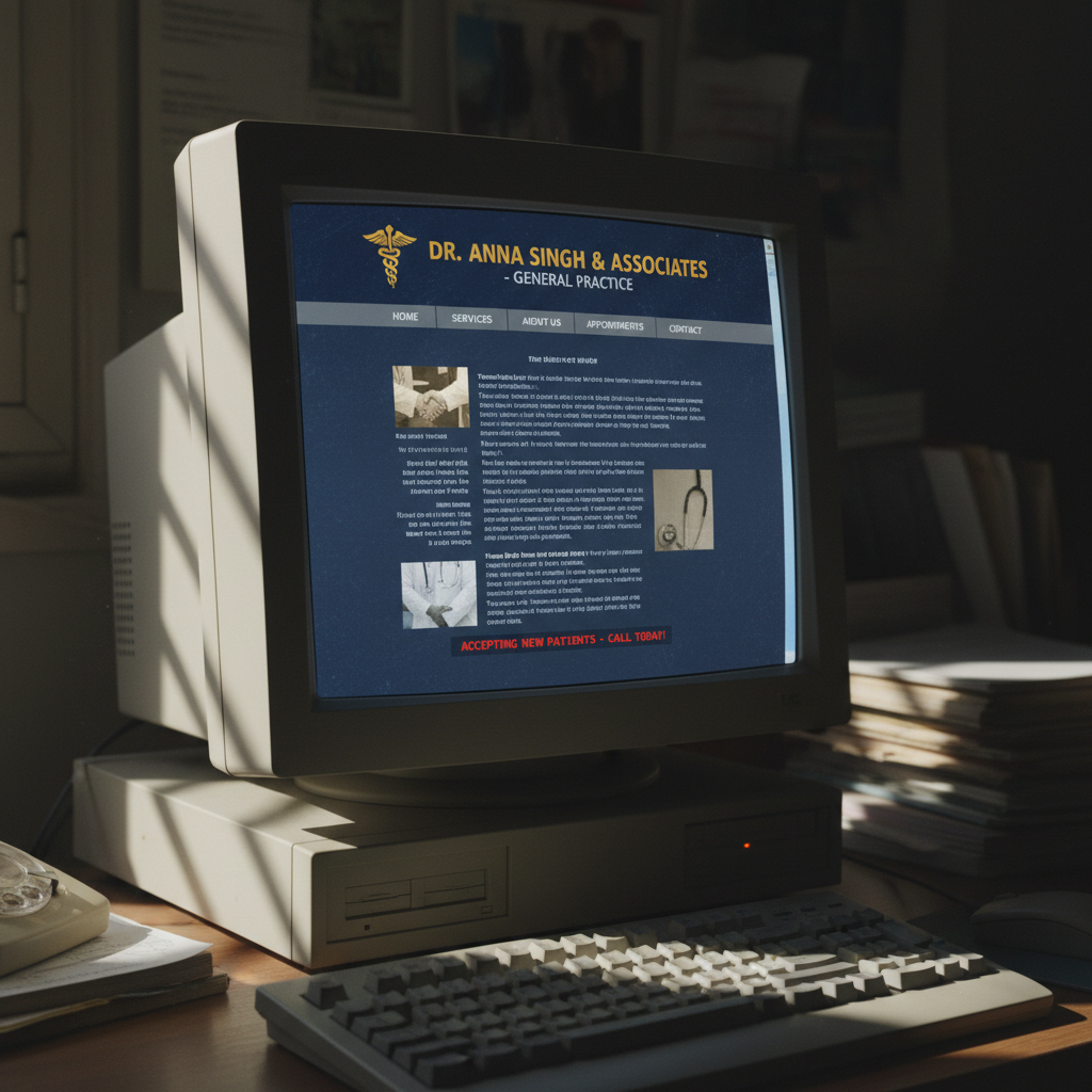 Outdated healthcare website on an old computer screen compared to a modern redesigned version on a new laptop