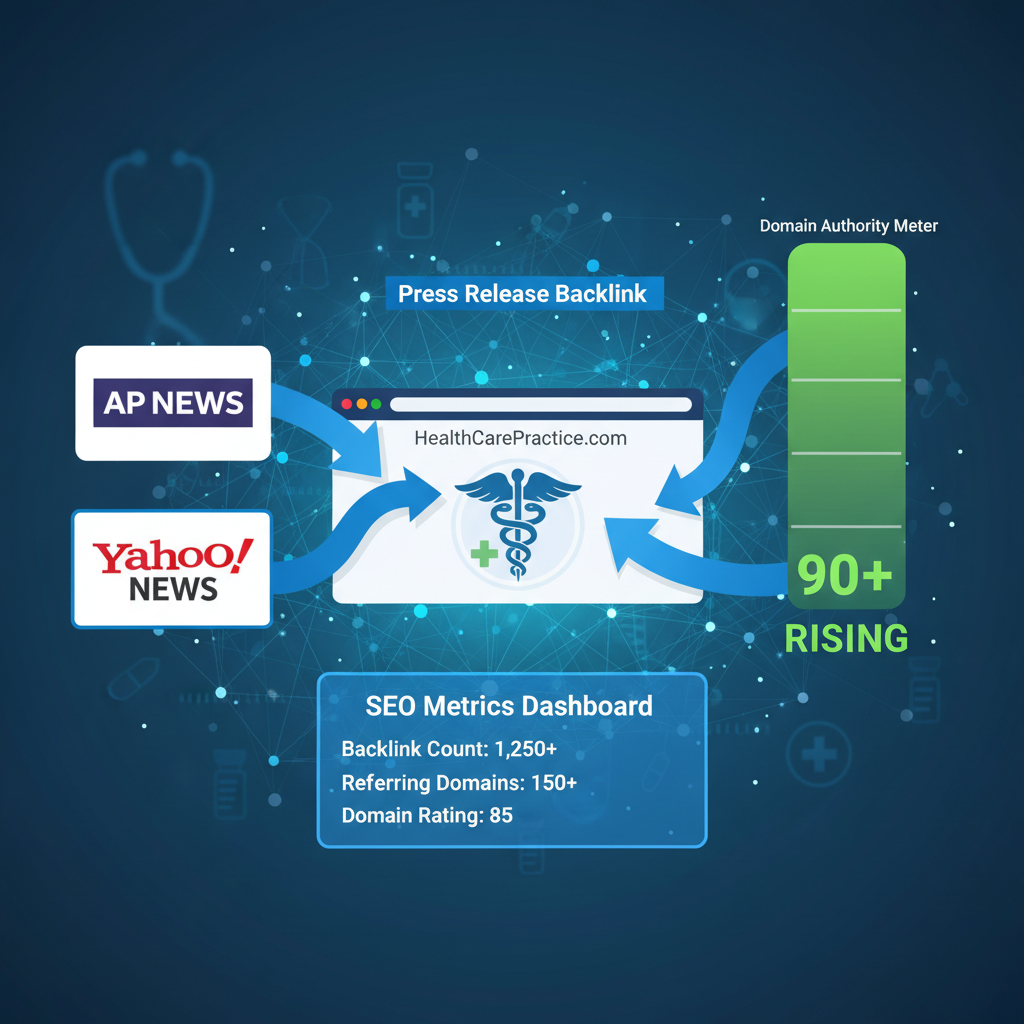 Press release distribution network diagram showing 500+ news outlets, wire services, and healthcare media channels receiving a healthcare practice announcement simultaneously