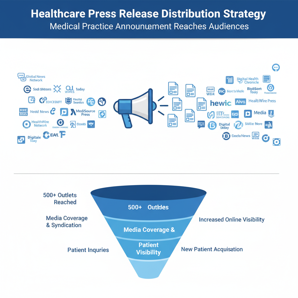 Healthcare marketing team crafting a press release strategy with distribution network visualization showing 500+ media outlets and news wire services