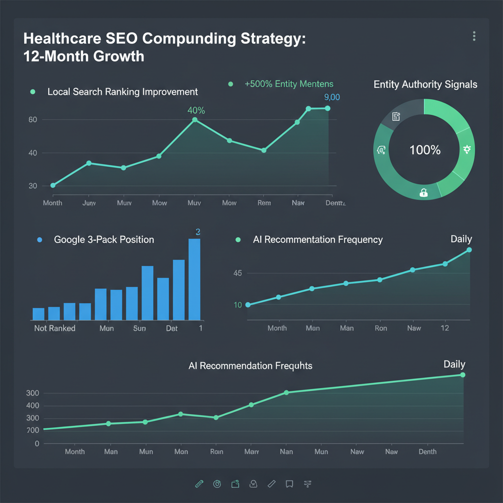 SEO authority dashboard showing domain authority growth, backlink acquisition, and local ranking improvements from a consistent monthly press release strategy for a healthcare practice