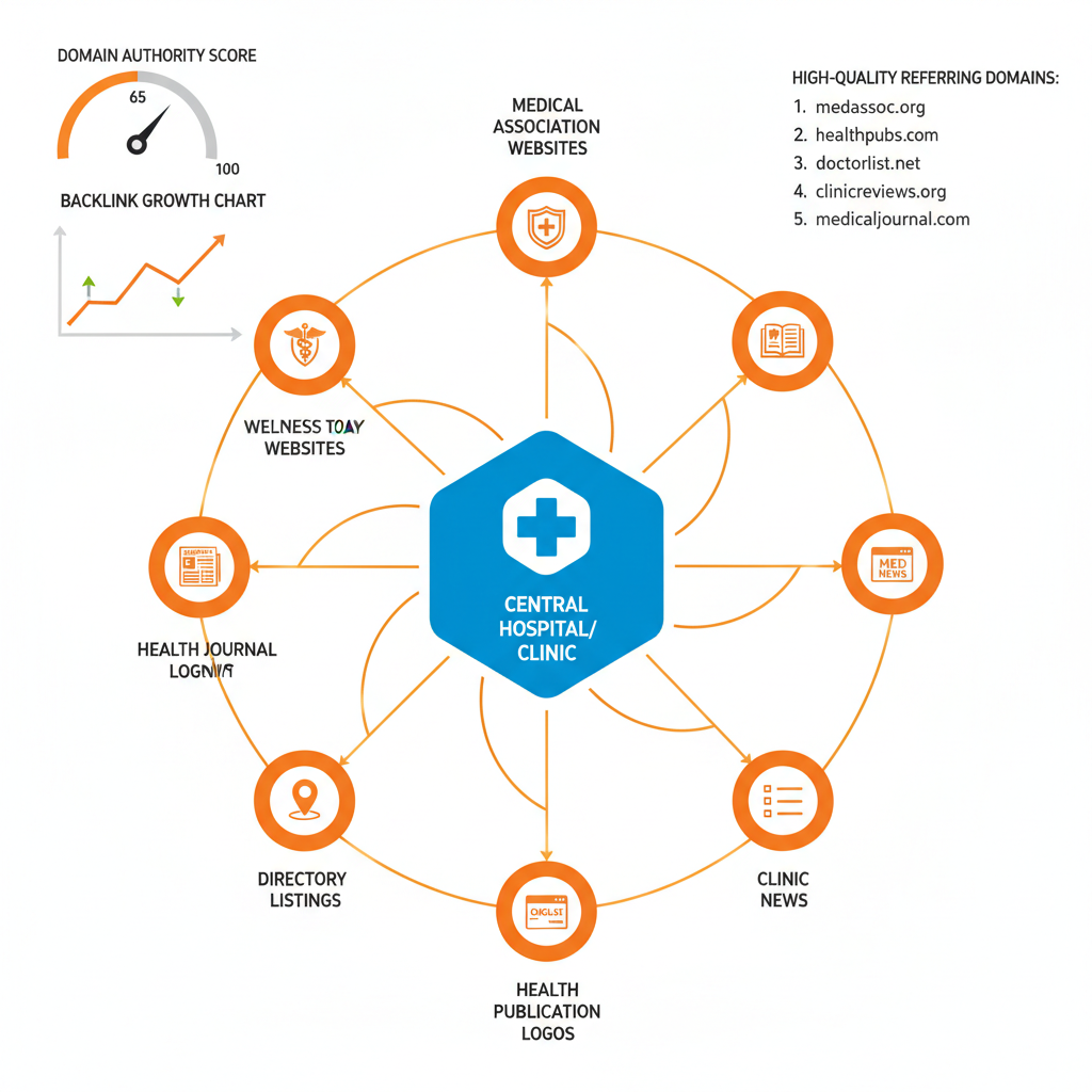 Healthcare SEO strategy overview showing keyword rankings, backlink authority network, and local map pack optimization for medical practices