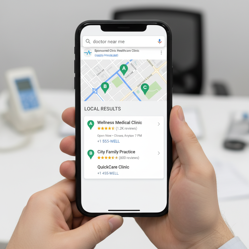 Google local map pack showing healthcare practice location pages ranking in multiple cities across a service area
