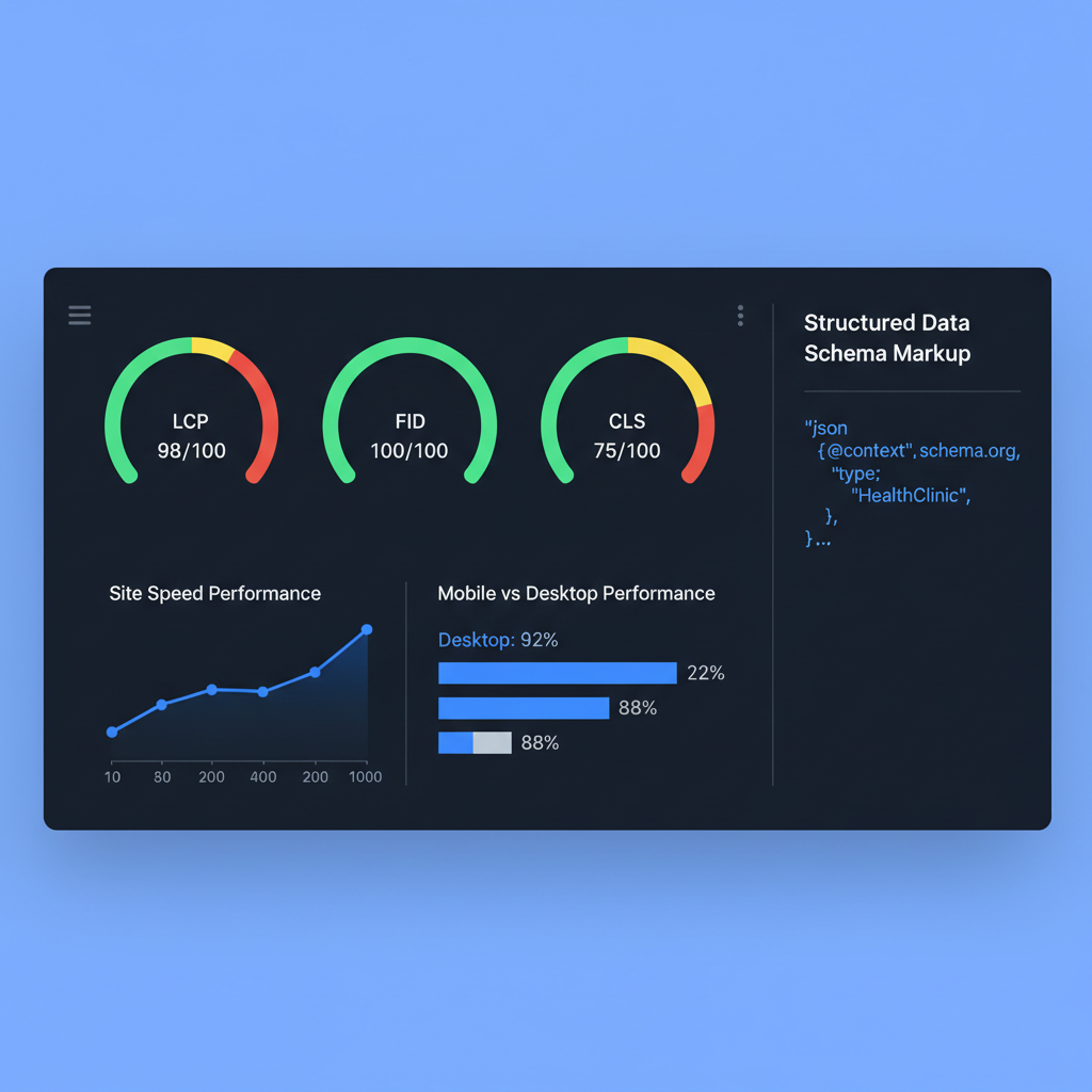 Technical SEO audit dashboard for healthcare website showing Core Web Vitals scores, crawl errors, schema markup status, and mobile usability results