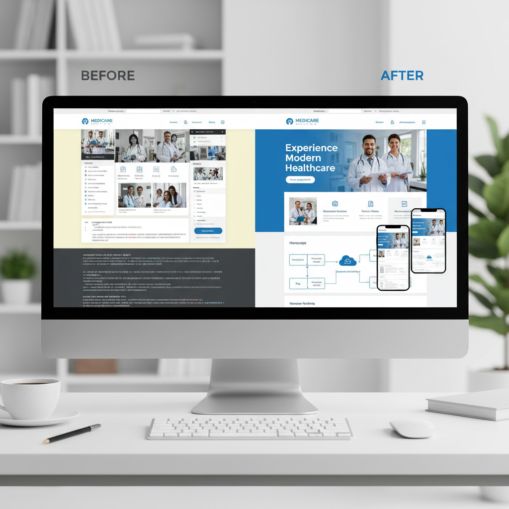Modern healthcare website design on multiple devices showing clean layout, clear navigation, and prominent call-to-action buttons